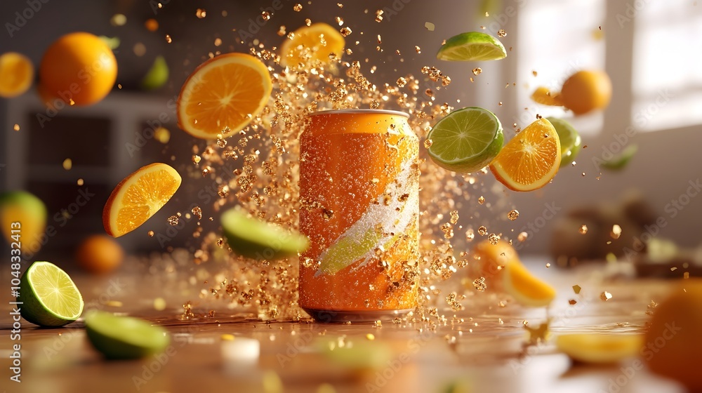 Poster visually striking 3d rendered image of an orange soda can enveloped by a dynamic citrus explosion wi