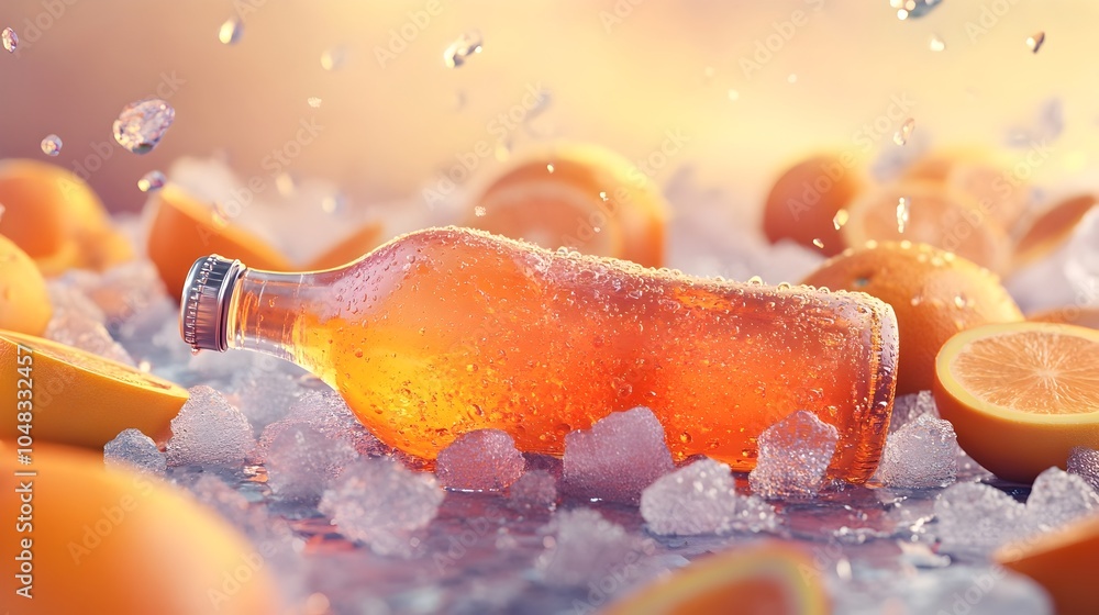 Poster refreshing orange soda bottle laying on crushed ice with droplets on the surface and bright citrus s