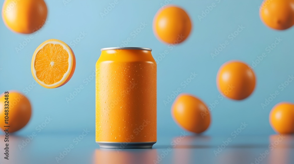 Poster highly detailed and 3d rendering showcasing a modern sleek orange soda can design with floating oran