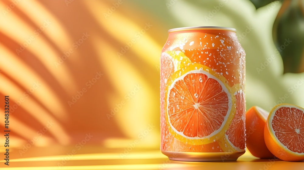 Poster captivating 3d rendered image of an orange soda can with vibrant fruit graphics and patterns set aga