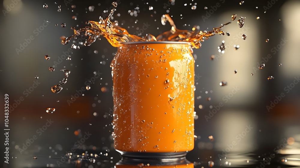 Poster visually striking 3d of an orange soda can with a gradient effect blending from dark to light orange