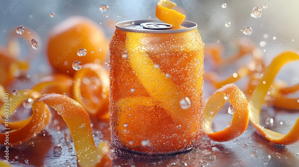 Poster a visually striking 3d rendering of a chilled orange soda can surrounded by a halo of curling citrus