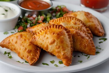A serving of pastel, deep-fried pastry pockets filled with cheese, meat, or shrimp, served with a side of fresh salsa