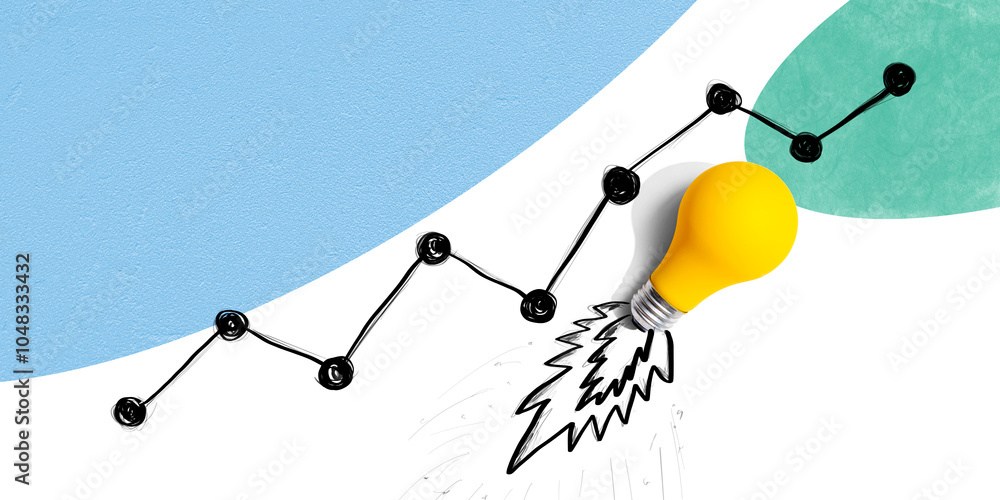 Poster lightbulb launching like a rocket with a rising chart - flat lay