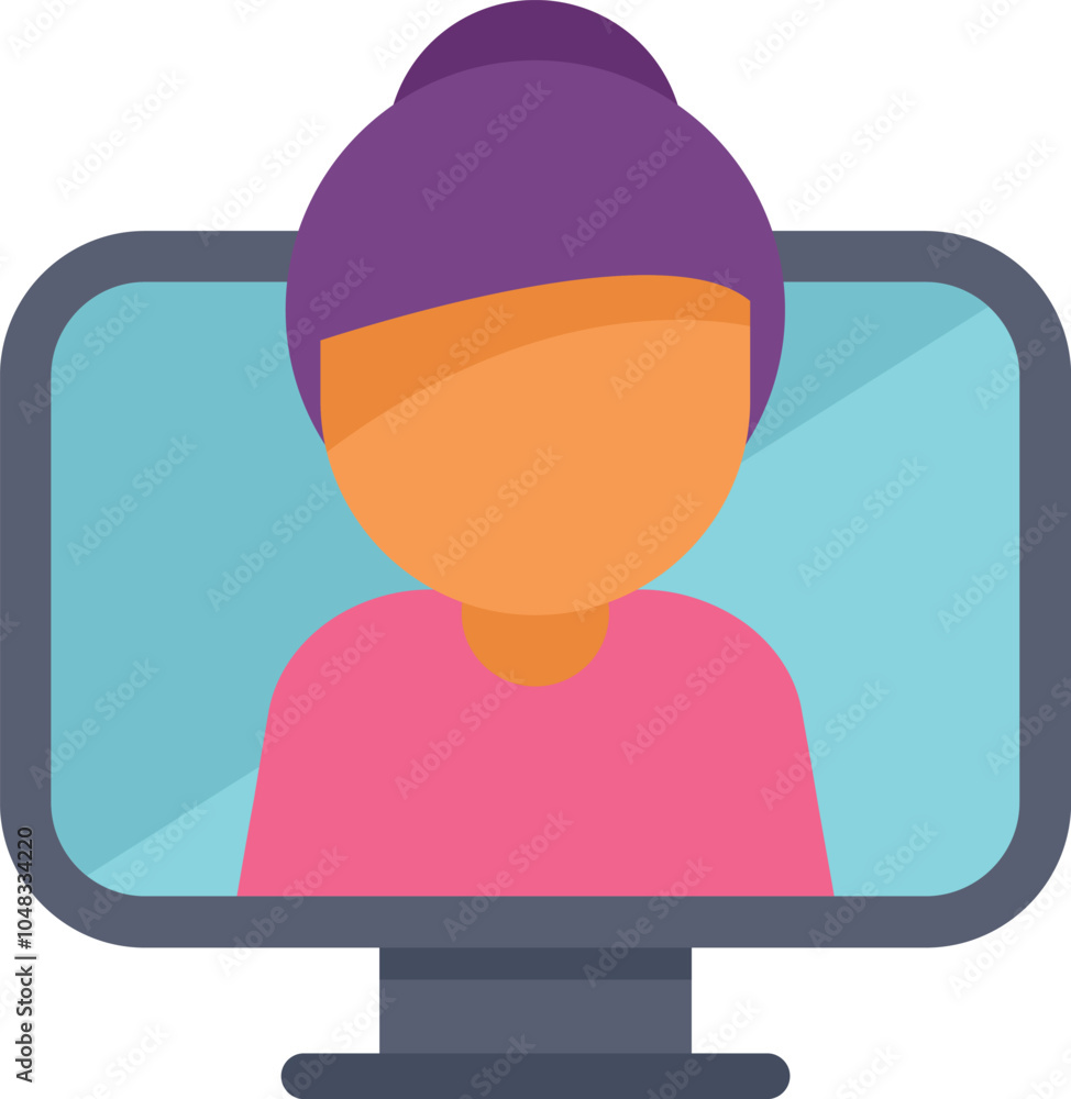 Poster woman is having a video call using a desktop computer, participating in a virtual meeting