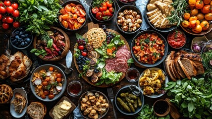 A vibrant spread of assorted dishes featuring fresh vegetables, herbs, meats, and baked goods, beautifully arranged in various bowls and plates.