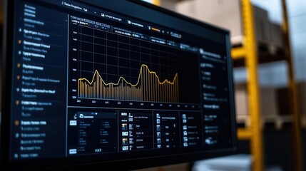 A digital interface showing real-time warehouse inventory on a large screen, [warehouse management], [logistics dashboard], ,