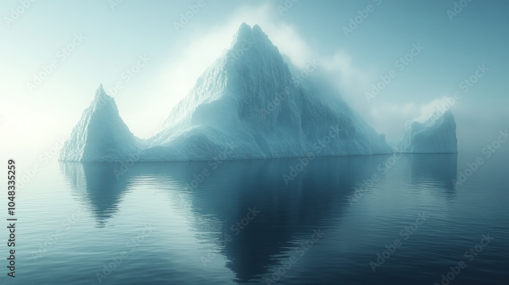 Poster a large iceberg, shrouded in mist, floats in a calm ocean. the reflection of the iceberg is visible 