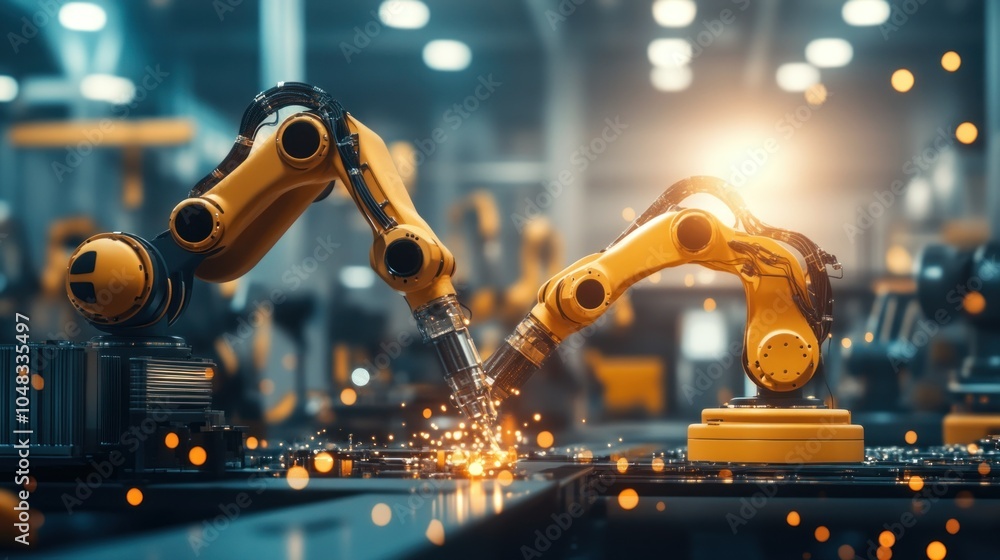 Poster Two Industrial Robots Welding Metal in a Factory Setting