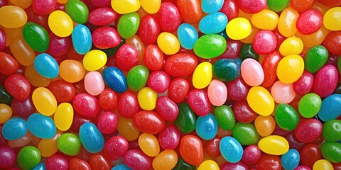 Obraz premium A vibrant assortment of colorful jelly beans scattered on a flat surface, creating a playful and inviting candy display perfect for any event or celebration