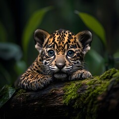 Jaguar cub resting on mossy log, green background