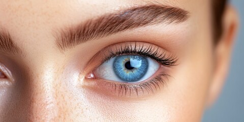 Obraz premium A close-up of a young person’s captivating blue eye, showcasing intricate details of the iris and lashes, set against a soft, neutral background