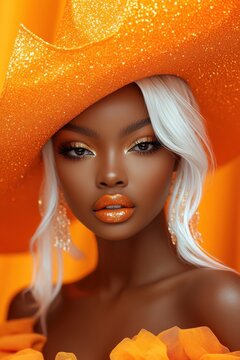 A portrait of a model showcasing vibrant orange makeup and attire, featuring a large sparkling hat against a warm orange backdrop