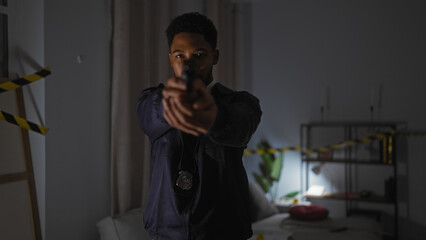 An african american man detective aims a gun confidently in a dimly lit crime scene room with caution tape.
