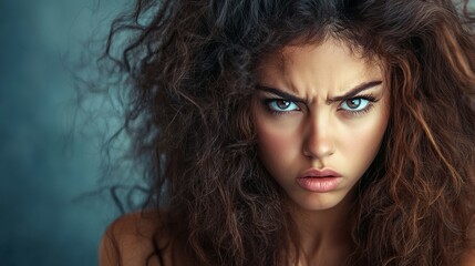 Fototapeta premium A young woman with expressive features and wild, curly hair gazes intently at the camera, showcasing her striking blue eyes and bold emotions in a neutral backdrop