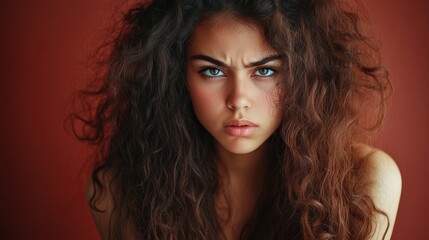Fototapeta premium A young woman with curly hair stares intensely at the camera against a warm red background, showcasing her confident expression in a striking portrait