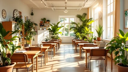 Fototapeta premium Classroom with desks and chairs with potted green plants eco friendly education system concept