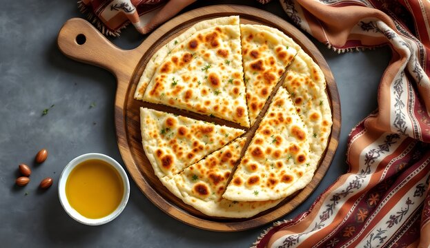 Algerian Crispy Flatbread (Kesra Ftir) with Herbs on Wooden Serving Board