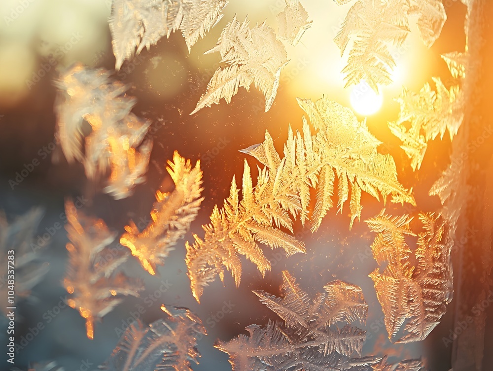 Poster glimmering frost patterns on window with warm glow behind the glass
