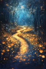 Obraz premium A serene journey through a mystical forest path adorned with glowing flowers and enchanted light in a dreamlike atmosphere