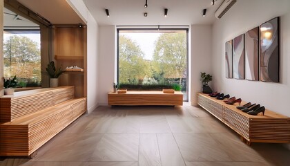 Obraz premium 木製の靴箱とベンチが作るリラックスしたエントランス空間