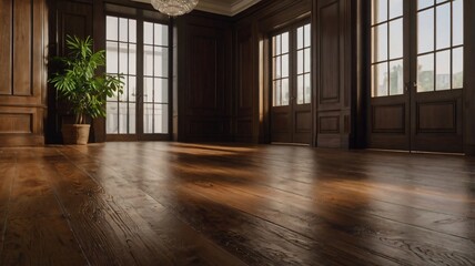 Obraz premium Elegant empty room with polished wooden floor and large windows letting in natural light in a modern building