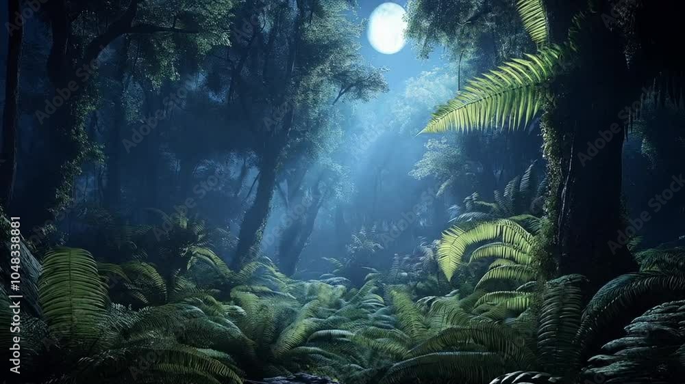 Poster lush green ferns create serene atmosphere in this panoramic view of forest path. dense foliage and m