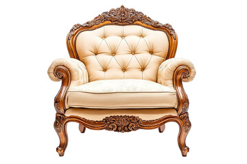 A brown chair with a blanket draped over it. on transparent background.