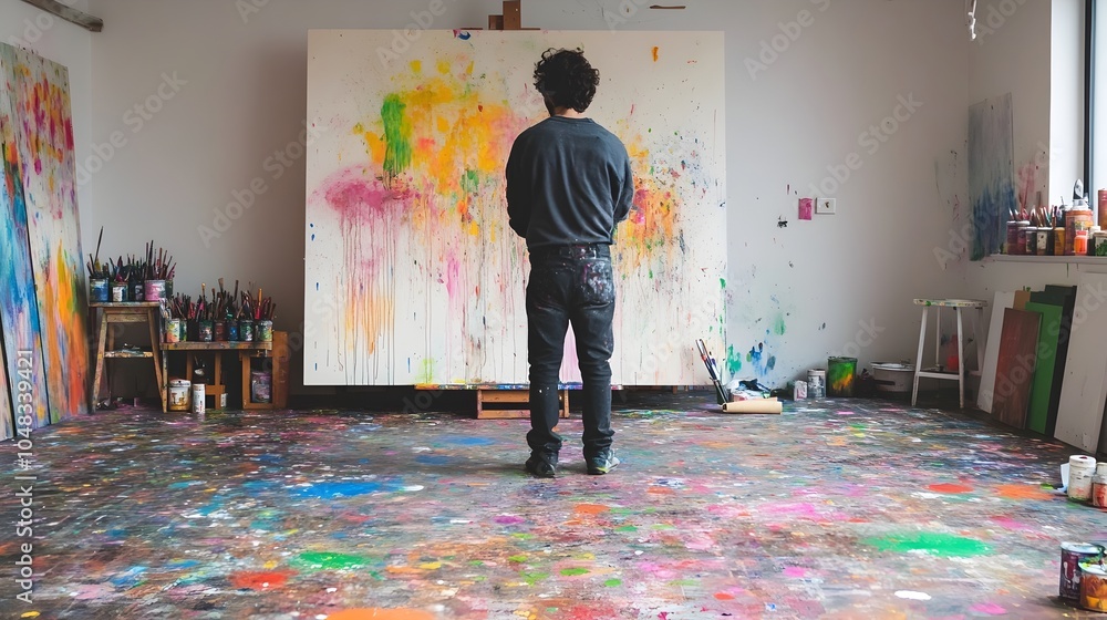 Poster a talented painter stands before a large canvas in their studio surrounded by a vibrant display of c
