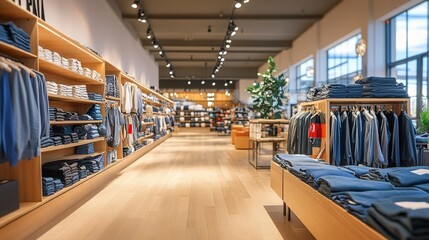 Modern Fashion Boutique Interior With Man Clothing On Shelves And Racks In Store. Copy Space