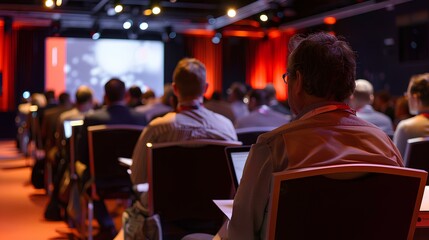 A focused audience attending a conference, with bright lights and a presentation screen visible in the background.