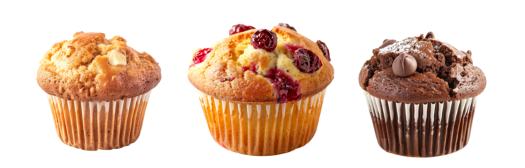 Almond, walnut and chocolate muffin or apple cinnamon cupcake topped with crunchy nuts pieces isolated on white transparent background