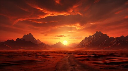 Naklejka premium Fiery Sunset Over Mountainous Desert