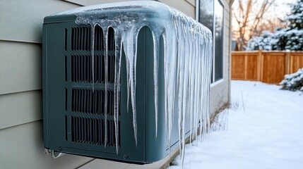 Ice formation on an outdoor cooling unit during winter in a suburban neighborhood with snow-covered ground and trees visible