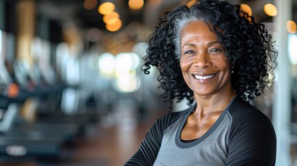 An older woman smiling proudly in a modern gym, showcasing her fitness journey during an afternoon workout session