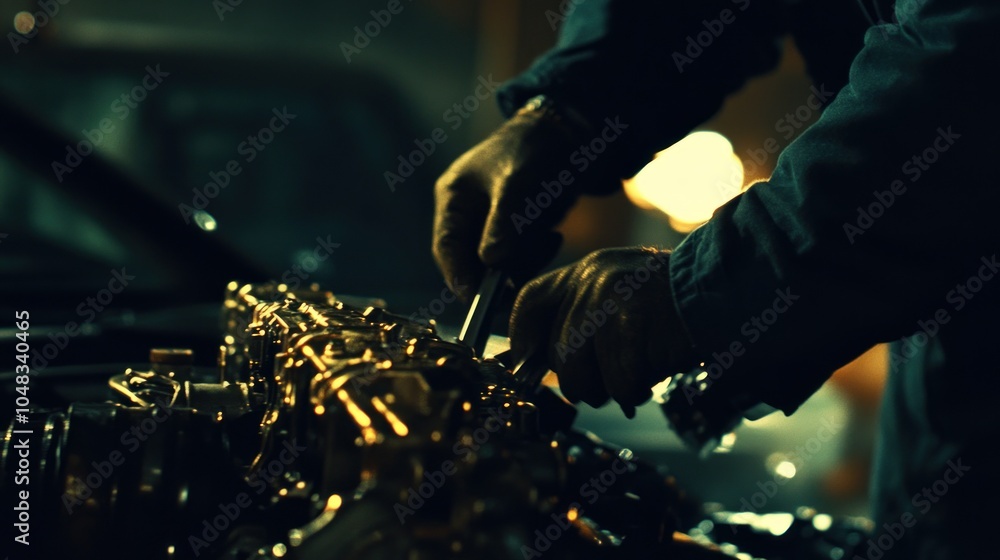 Poster mechanic working on car engine in low light