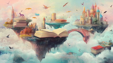 Surreal illustration of dreams featuring floating islands and giant books in a whimsical landscape. v3