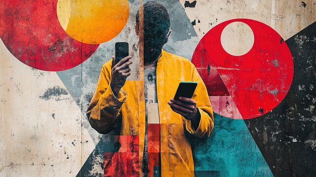 Abstract collage of a man holding a smartphone, with colorful geometric shapes 
