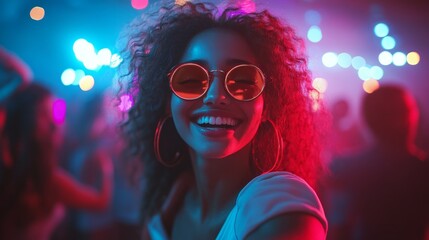 A woman wearing sunglasses and earrings is smiling at the camera