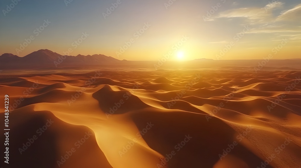Poster stunning 3d render of a vast desert landscape with rolling sand dunes a setting sun casting long sha