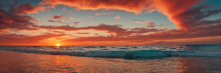 Fototapeta premium Red sunset meeting the sea with cloudy sky