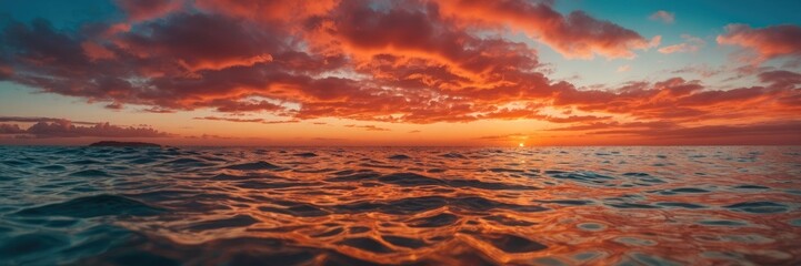 Obraz premium Red sunset meeting the sea with cloudy sky