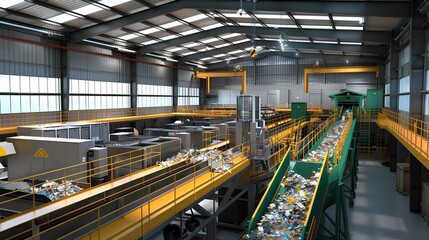 Fototapeta premium A modern recycling facility with conveyor belts processing waste materials under bright overhead lights in an industrial setting.