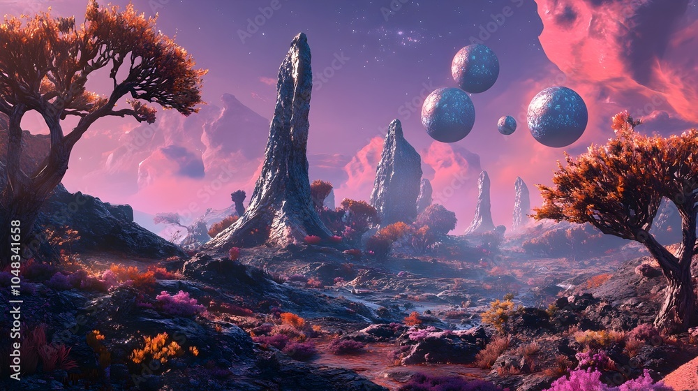 Poster a 3d rendered landscape of an alien planet featuring bizarre rock formations multiple moons in the s