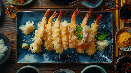 A beautifully arranged plate of crispy shrimp tempura garnished with green leaves, served with dipping sauces on a wooden table.