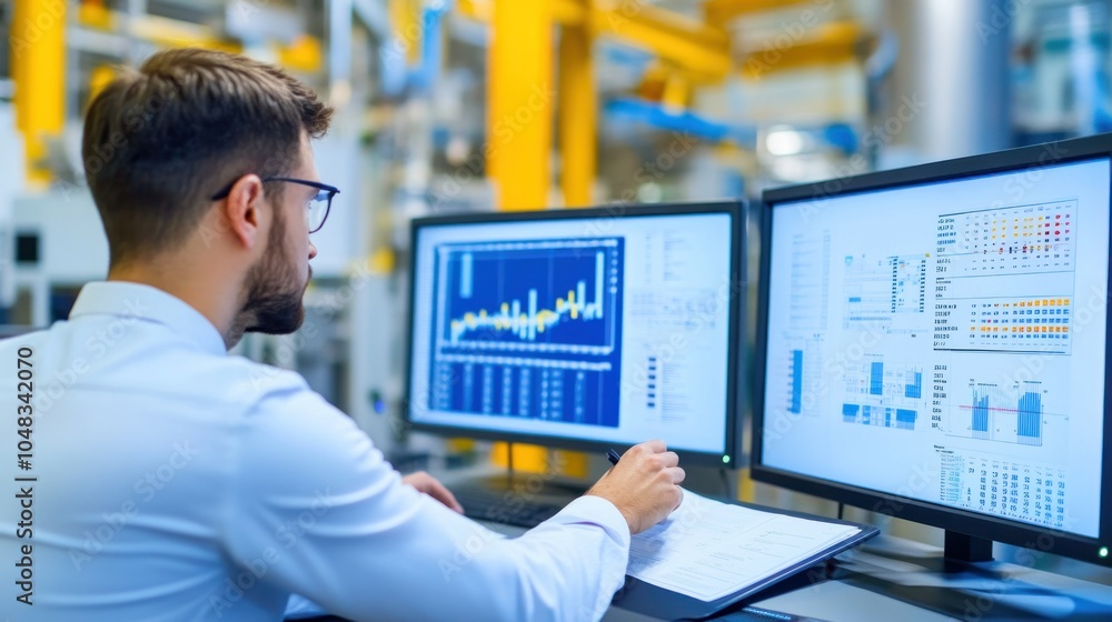 Poster A Man Working at a Desk with Multiple Monitors Displaying Graphs and Charts