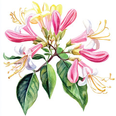Fototapeta premium Honeysuckle flower watercolor clipart illustration