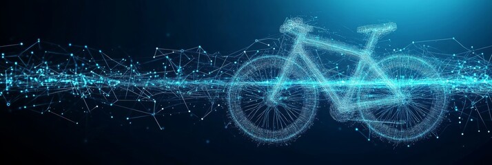 Abstract, Futuristic Wireframe Bicycle on Glowing Digital Network Communication Background