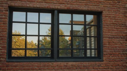 Obraz premium A rustic brick wall with large black framed windows reflecting autumn foliage in the evening light of a serene neighborhood