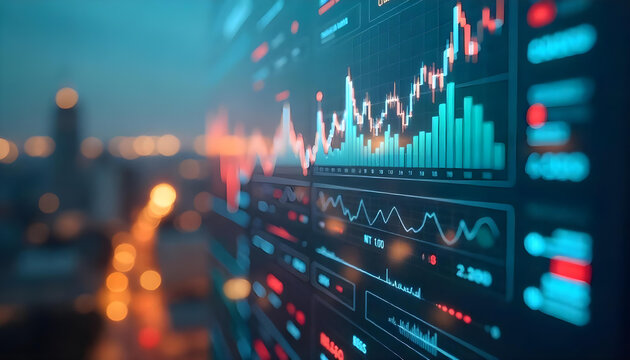 A futuristic financial chart with colorful data visualizations, stock market graphs, and blurred city skyline in the background